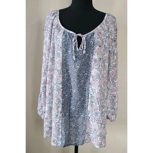 Como Vintage Womens XXL 1X Pink Navy Floral Cottagecore Top Blouse Shirt Boho